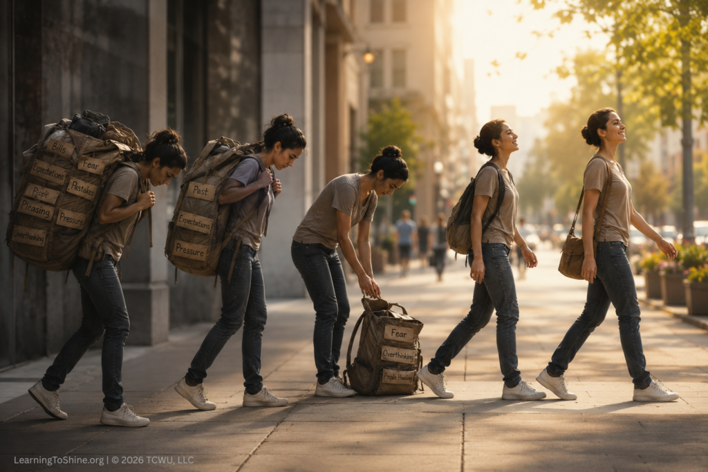 Illustration of people carrying heavy burdens and one person choosing to lay a burden down, representing the freedom that can come from releasing what no longer needs to be carried.