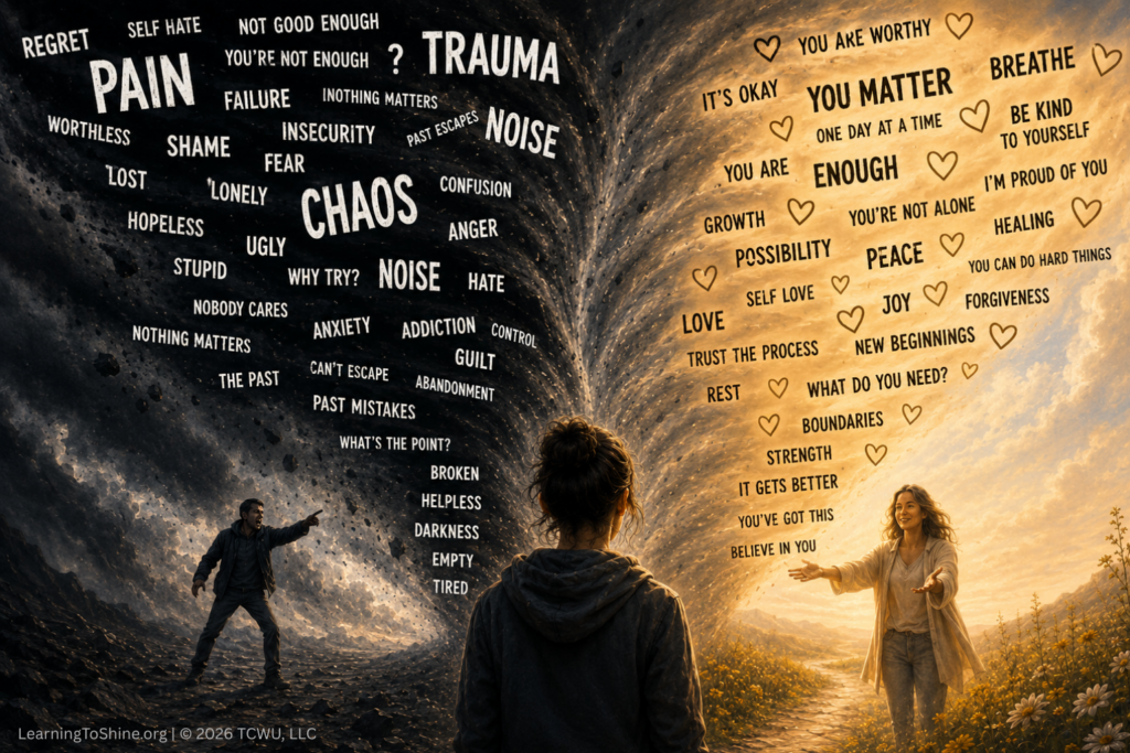 Illustration contrasting overwhelming negative thoughts with compassionate, grounding thoughts, showing how perspective can influence a person's emotional experience.