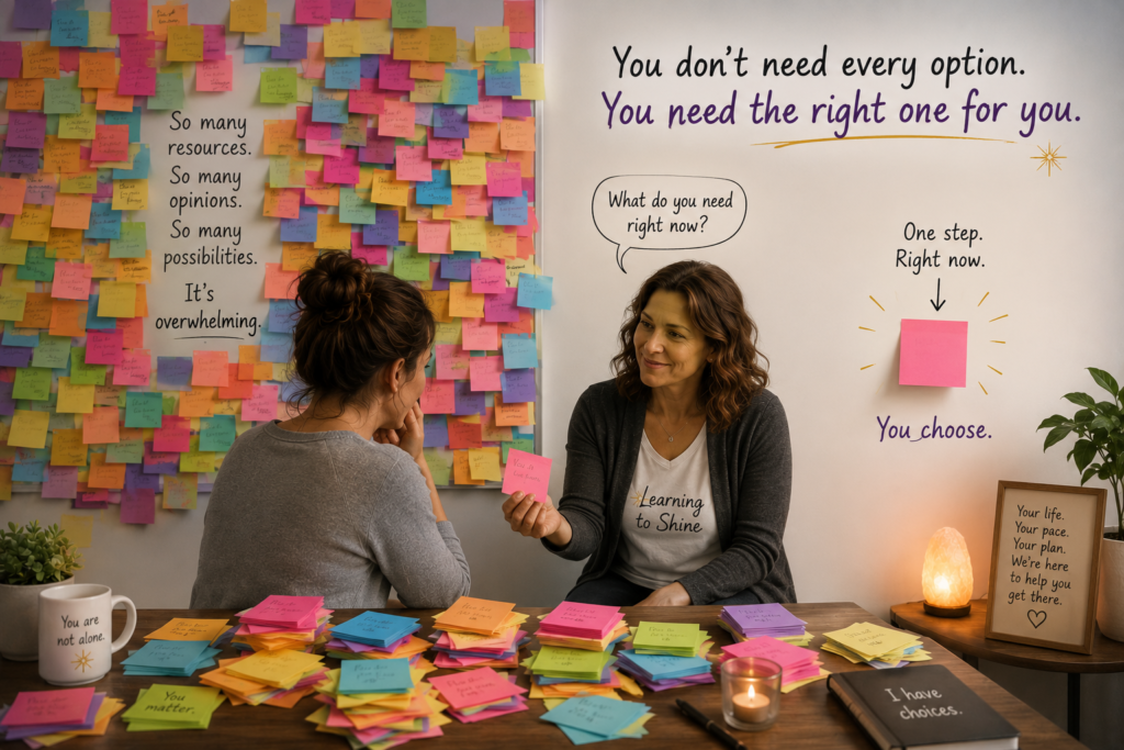 A coach helps someone sort through overwhelming choices by focusing on one next step using colorful sticky notes.