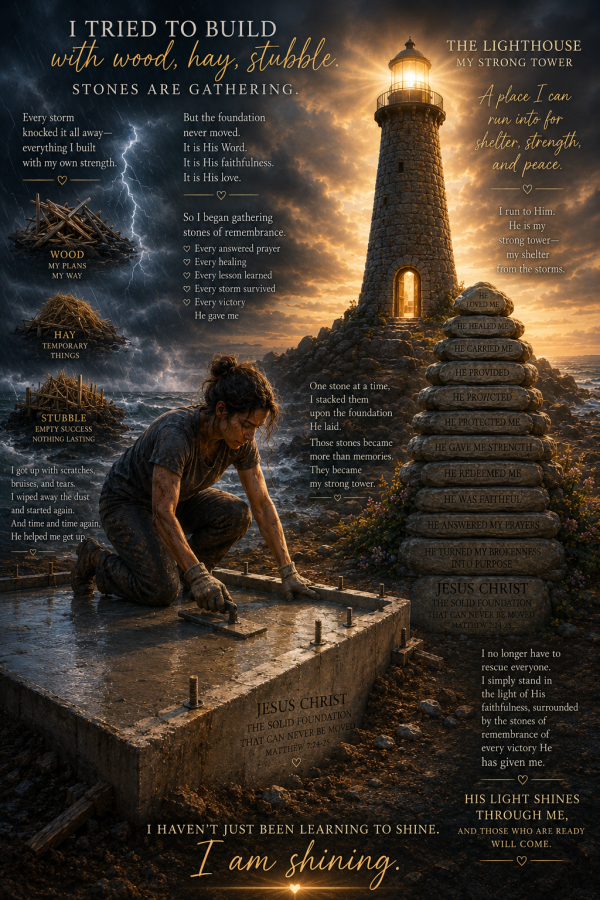 Illustration of a lighthouse built on a foundation of stones of remembrance, symbolizing God's faithfulness through life's storms and the strength found in Christ.